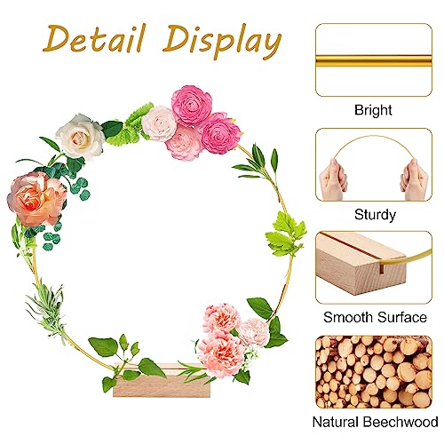 15Pcs 12 Inch Metal Floral Hoop Centerpiece with 15 PCS Wood Place Card Holders and Adjustable Foot Pads, Gold Wreath Macrame Hoop Rings Decorations trophable