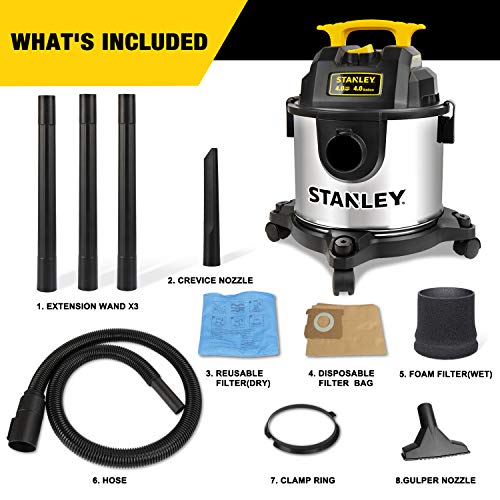 STANLEY 4 Gallon Wet Dry Vacuum, 4 Peak HP Stainless Steel 3 in 1 Shop Vacuum Blower with Powerful Suction, Vacuum for Job Site, Garage, Basement, Stanley