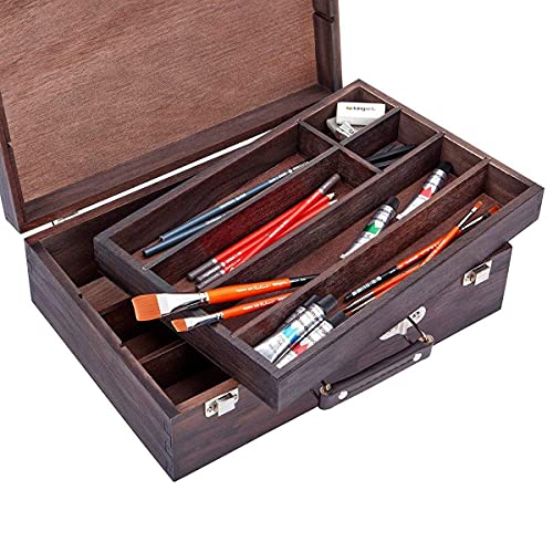 KINGART 720 Wood Art Storage Box With Espresso Stain, 2-Tier Wood Case with 10 Dividers, Holds Markers, Paint, Brushes, Pencils, And More KINGART