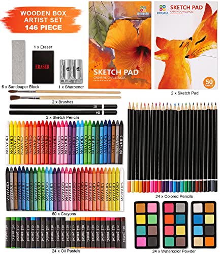 POPYOLA Art Supplies, Deluxe Wood Art Set for Artist, Various Painting Supplies, Including Crayons, Colored Pencils, Oil Pastels, Watercolor Cakes,