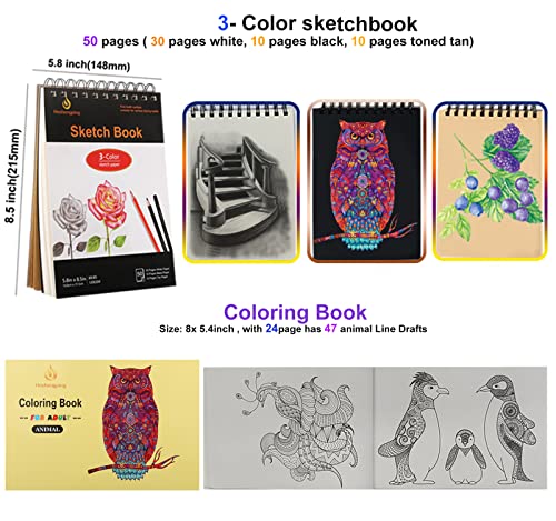 Heshengping, 41pcs Sketching Pencil Set Drawing Sketch Kit Graphite Pencils Charcoal Pencils Watercolor Pencils Blending Stumps 50page sketchbook, Heshengping