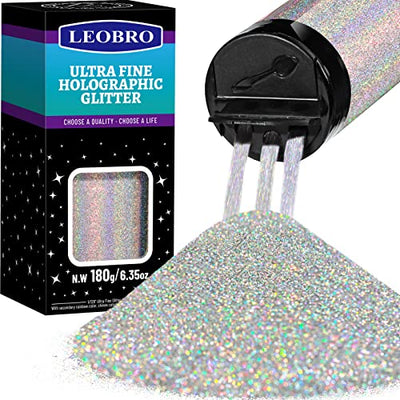 LEOBRO Glitter, Holographic Ultra Fine Glitter, 180G/6.35OZ Silver Glitter, Glitter Powder for Resin, 1/128" Metallic Iridescent Christmas Glitter