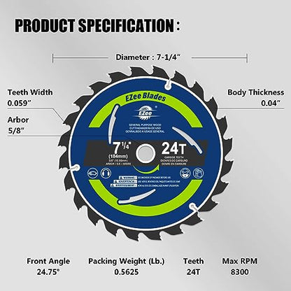 EZee Circular Saw Blades 7-1/4 Inch 24 Tooth Carbide-Tipped TCT ATB Fine Finish 7 1/4 Circular Saw Blade for Wood Cutting with 5/8"Arbor Thin Kerf - WoodArtSupply