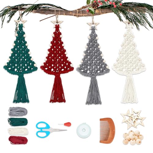 Macrame Christmas Tree Craft Kit, 4 PCS Macrame DIY Kit for Adults Beginners with Instructions Macrame Ornaments for Christmas Tree Macrame Christmas - WoodArtSupply