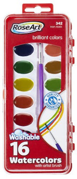 RoseArt 16-Color Washable Watercolors with Brush, Packaging May Vary (DFB79) Rose Art