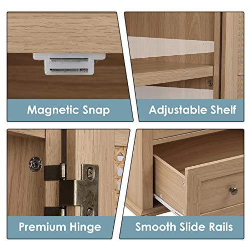 FOTOSOK Kitchen Pantry Storage Cabinet, Tall Cabinet with Rattan Doors and 2 Drawers, Freestanding Cupboard with Adjustable Shelves, Utility Pantry FOTOSOK