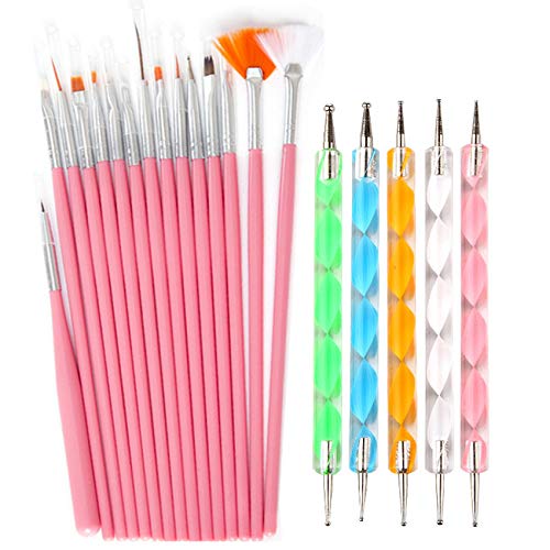 20pc Nail Art Painting Brush Pen Tools Kit UV Gel Building Drawing Linering Brushes Set Mandala Nail Dotting Pens (Pink)