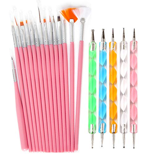 20pc Nail Art Painting Brush Pen Tools Kit UV Gel Building Drawing Linering Brushes Set Mandala Nail Dotting Pens (Pink) Lifextol