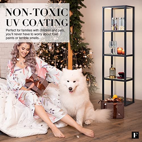 FENLO Fantasy Plus 66" Luxury Glass Display Shelf with Dimmable LED Floor Lamps, Sturdy Curio Cabinet with Bookcase Display Shelves for Bedroom, Open FENLO