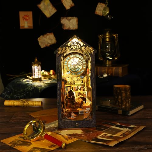 DIY Book Nook Kit Wooden Detective Agency Miniature Dollhouse Kit, Creative Bookshelf Insert Decor with Sensor LED Light, Bookend Building Hobbies 3D