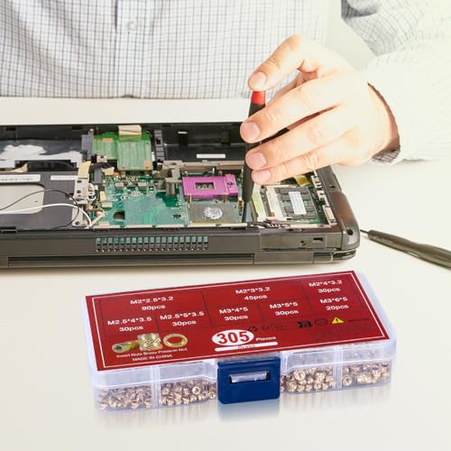 qxayxa 305 Pcs Knurled Thread Insert Nuts, Brass Threaded Inserts, M2 M2.5 M3 Female Thread Heat Set Inserts, Embedment Nuts Inserts Kit Pressed Fit qxayxa