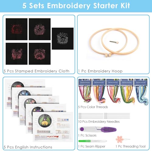 ERKOON 5 Sets Embroidery Kit for Beginners, Art Craft Handy Sewing Set Mushroom Cross Stitch Starter Kits, DIY Embroidery Kits with Patterns and ERKOON