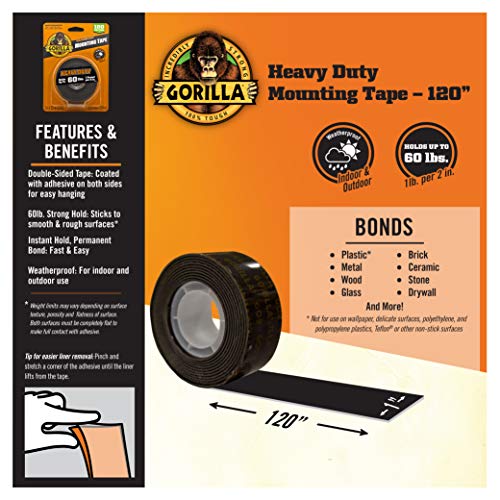 Gorilla Heavy Duty, Extra Long Double Sided Mounting Tape, 1" x 120", Black, (Pack of 1) Gorilla