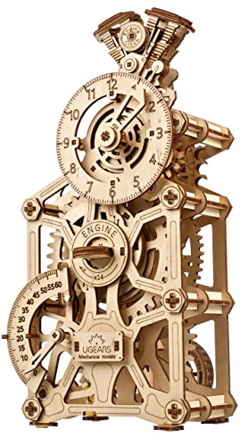 UGEARS Engine Clock 3D Puzzle - Wooden Model Kits for Adults – 3D Wooden Models to Build - DIY Mechanical Wooden Pendulum Clock Puzzle with Moving UGEARS