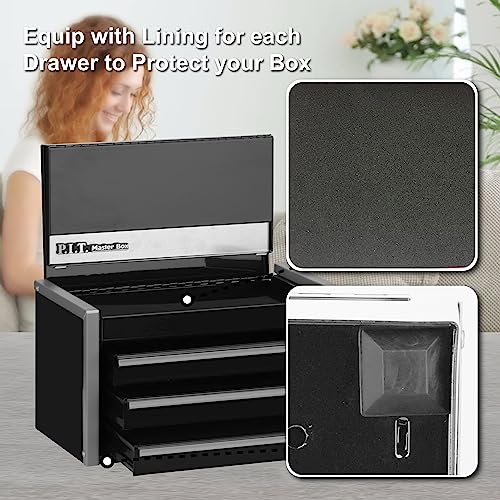 P.I.T. Mini Black Tool Box, Portable 3 Drawer Steel Tool Box with Magnetic Tab Locking, Black Micro Top Chest with Liner for Tools Storage, Home DIY P.I.T.
