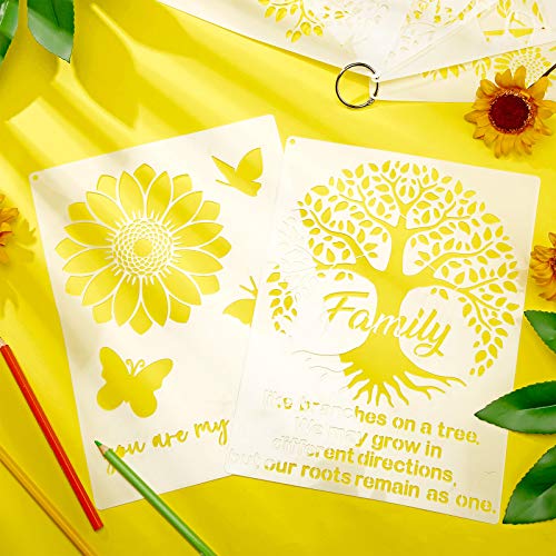 6 Pieces Sunflower Stencil Kit, Reusable Family Tree Stencil Flower Butterfly Painting Templates You are My Sunshine Stencil with Metal Open Ring for Zonon