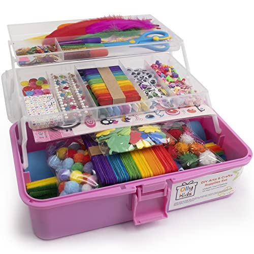 Olly Kids Arts and Crafts Supplies for Kids Girls 4 5 6 7 8 9 10 11 & 12- Ultimate Crafting Supply Set in Portable 3 Layered Plastic Art Box Olly Kids