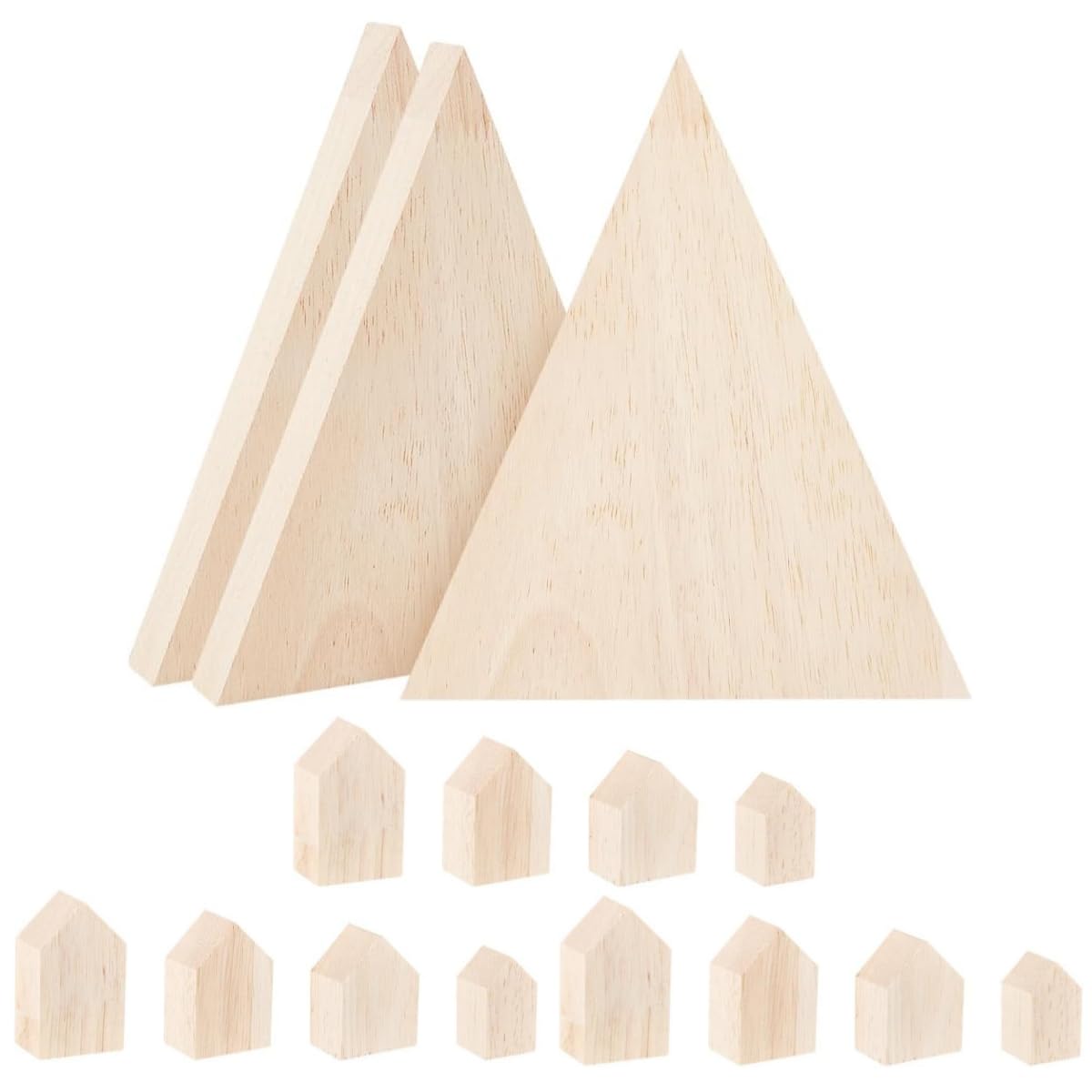 OLYCRAFT 12Pcs 4Sizes Unfinished Wooden House Shaped Blocks & 3Pcs 7x6 Inch Unfinished Wooden Triangle Shaped Blocks Wooden Tray Plates Blank Wooden
