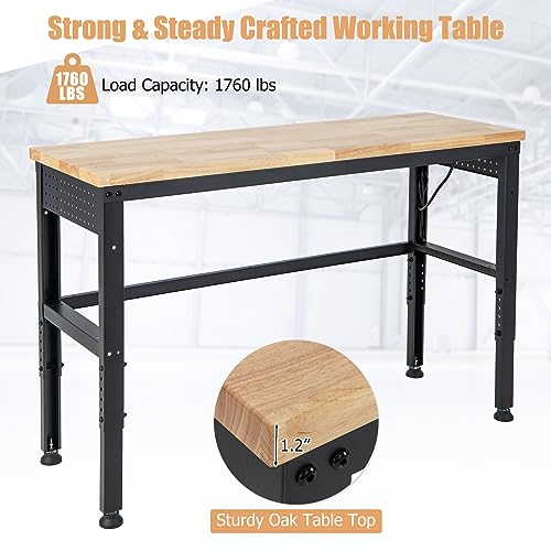 Goplus Work Bench with Power Outlet, 53” Oak Wood Adjustable l Work Table with Peg Racks, 1760 LBS Load Capacity, Foot Pads, Heavy Duty Steel