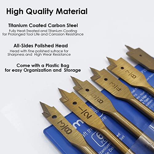 amoolo Spade Drill Bit Set - 6 Pcs Titanium Coating, Carbon Steel Paddle Flat Bit with Quick Change Shank for Hole Cutter Woodworking amoolo