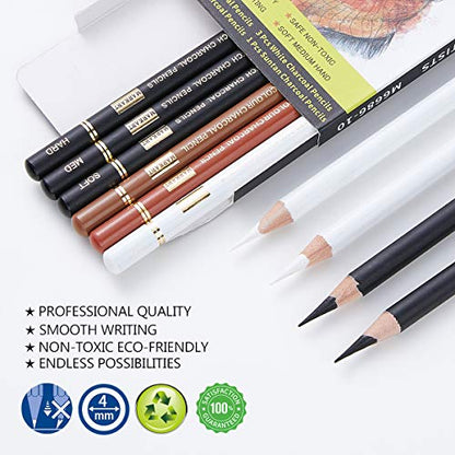 MARKART Professional Colored Charcoal Pencils Drawing Set, 10 Pieces Black White Charcoal Pencils for Sketching, Shading, Blending, Pastel Chalk - WoodArtSupply