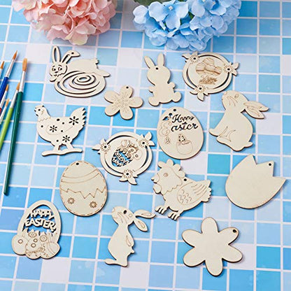 Craftdady 48pcs Easter Wooden Ornaments Wood Pieces Unfinished Egg Chick Hen Bunny Flower Wood Cutouts with Hemp Ropes, Wiggle Googly Eyes for DIY
