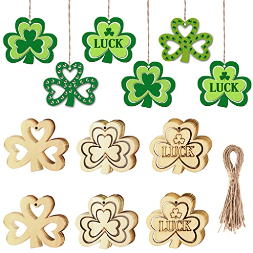 3 Pieces St. Patrick's Day Blank Wooden Ornament, Unfinished Hanging Shamrock Wooden Pendant, Clover Shaped Wood Embellishments with Twines for Irish Attria