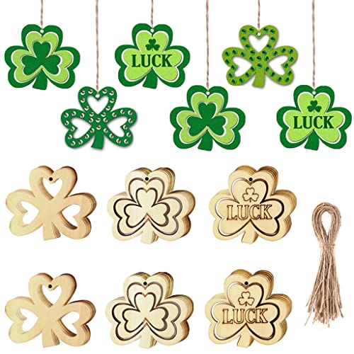 3 Pieces St. Patrick's Day Blank Wooden Ornament, Unfinished Hanging Shamrock Wooden Pendant, Clover Shaped Wood Embellishments with Twines for Irish - WoodArtSupply