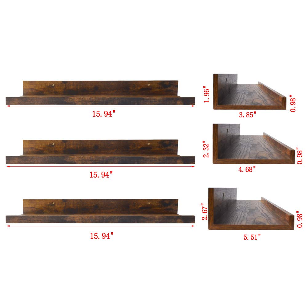 Giftgarden 16 Inch Floating Shelves for Wall Set of 3, Rustic Wall Mounted Picture Ledge Wooden Wall Shelf for Living Room Bedroom Kitchen Bathroom, - WoodArtSupply