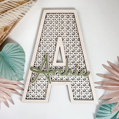 Custom Boho Wood Personalized Initial & Name Sign, 3D Layered Letter Handmade Rattan Wall Decor for Nursery or Child's Bedroom - Baby Shower, - WoodArtSupply