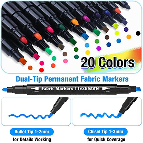 KERIFI Dual Tip Fabric Markers Permanent for Clothes, 20 Colors Fabric Decorating Paint Pens for Kids, T-Shirt Shoe Markers for Sneakers Clothing KERIFI