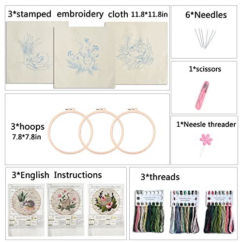 Myfelicity Cat Embroidery Kit 3 Patterns Fabric Threads Needles Hoops Instructions - WoodArtSupply