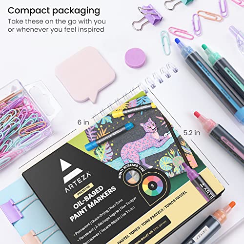 ARTEZA Pastel Oil-Based Markers, 8-Pack, 2.5 mm Line, Large Barrel, Quick-Drying Permanent Marker Pens with Bullet Nib, Craft and Art Supplies for - WoodArtSupply