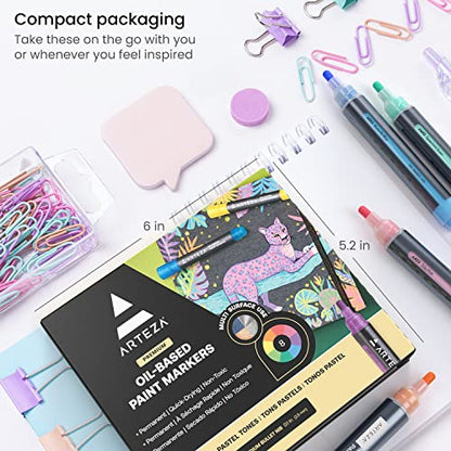 ARTEZA Pastel Oil-Based Markers, 8-Pack, 2.5 mm Line, Large Barrel, Quick-Drying Permanent Marker Pens with Bullet Nib, Craft and Art Supplies for - WoodArtSupply