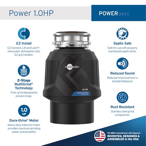 InSinkErator Power 1HP, 1 HP Garbage Disposal, Power Series EZ Connect Continuous Feed Food Waste Disposer, Black - WoodArtSupply