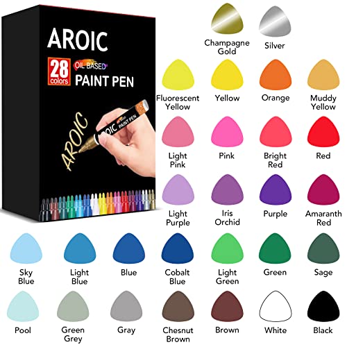 AROIC Paint Markers, 28 Colors Oil-Based Waterproof Paint Marker Pen Set.Quick Dry and Permanent Paint Markers Set for Rock, Wood, Metal, Plastic,