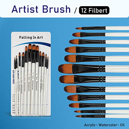 Falling in Art Paint Brushes Set, 12 PCS Nylon Professional Filbert Paint Brushes for Watercolor, Oil Painting, Acrylic, Face Body Nail Art, Crafts, - WoodArtSupply