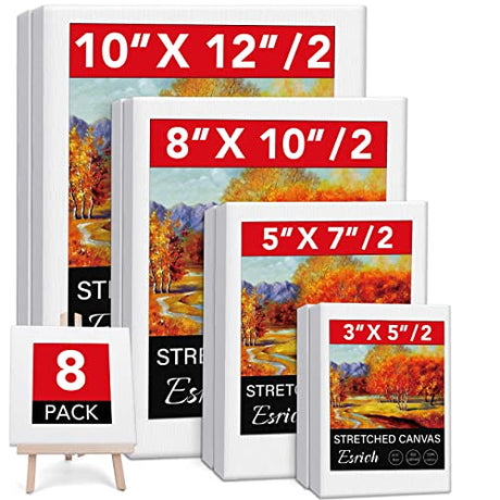 Stretched Canvases for Painting, 8PCS Multi Pack Canvas 3×5”, 5×7”, 8×10”, 10×12”(2 of Each), Acid-Free Wood Frame Blank Canvas, Art Canvas Pre ESRICH
