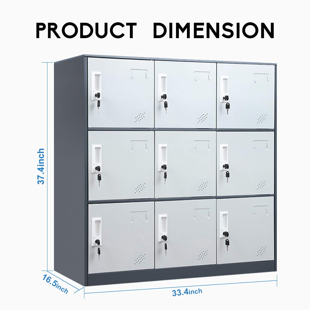 WISUNO 9 Doors Metal Storage Cabinet with Card Slot, Organizer,Shoes and Bags Steel Locker for Office, Home, Bank, School, Gym (Gray) WISUNO