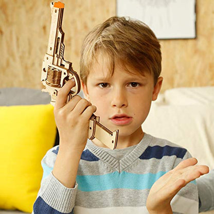 3D Wooden Puzzles Rubber Band Gun Model Craft Kit Unique Gift Mechanical Model Brain Teaser (Revolver Toy)