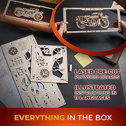 UGEARS Indie Moto 2.5D Puzzle - Wooden Motorcycle Model Kits for Adults with Moving Handlebar, Wheels, Footrest and Seat - DIY 2.5D Motorcycle Puzzle UGEARS