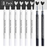 Acrylic White Paint Pen Fine Tip: 8 Pack 0.7mm Black White Paint Marker Pens for Art, Water-Based White Markers for Black Paper Metal Wood Stone AKARUED