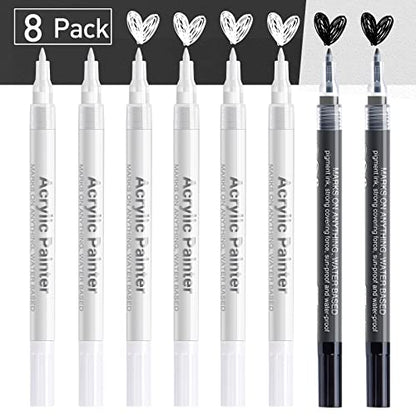 Acrylic White Paint Pen Fine Tip: 8 Pack 0.7mm Black White Paint Marker Pens for Art, Water-Based White Markers for Black Paper Metal Wood Stone - WoodArtSupply