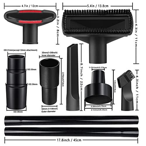 12PCS Universal Vacuum Attachment Kit Wet Dry Plastic Vacuum Hose Adapter 1-1/4" Vacuum Cleaners Accessories with Horse Hair Brush Extension Wand Riiriou