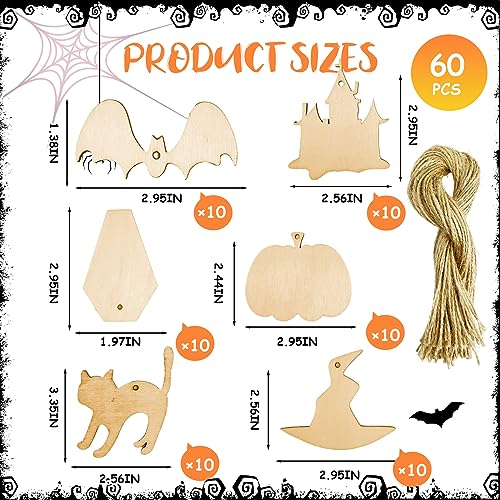 AOCEAN 60 Pcs Halloween Wooden Craft Kit - DIY Wood Cutouts and Hanging Ornaments with Twine - Unfinished Wood for Kids Crafts Decorations and