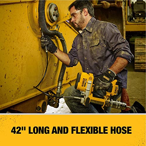 DEWALT 20V MAX Grease Gun Kit, Cordless, 42” Long Hose, 10,000 PSI, Variable Speed Triggers, Battery and Charger Included (DCGG571M1), Yellow, V11 DEWALT