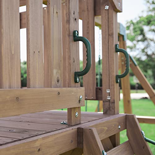 Backyard Discovery Lightning Ridge All Cedar Wooden Swing Set, Raised Clubhouse, 2 Belt Swings, 10 Inch Wave Slide, Ladder, Climbing Rock Wall Brown Backyard Discovery