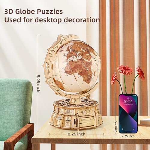 MIEBELY 3D Wooden Illuminated Globe Music Box with Space Projector - DIY LED Puzzle Kit for Adults - WoodArtSupply