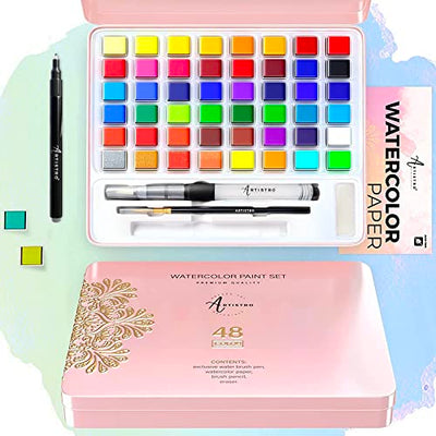 ARTISTRO Watercolor Paint Set, 48 Vivid Colors, Including Metallic and Fluorescent Colors. Perfect Travel Watercolor Set for Artists, Amateur