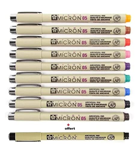 SAKURA Pigma Micron 05 Pack of 9 Colours, Black, Orange, Brown, Red, Pink, Green, Purple, Blue, Sepia - WoodArtSupply